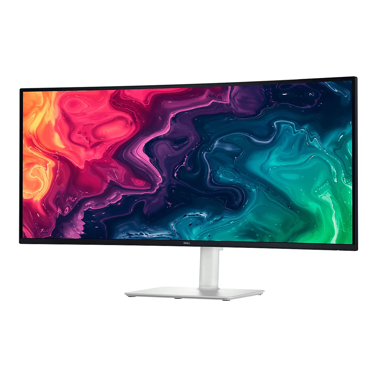 Ein Dell Monitor mit farbenfrohem Hintergrund. Der Bildschirm zeigt eine abstrakte, wirbelnde Darstellung in Gelb, Pink, Lila und Grün.