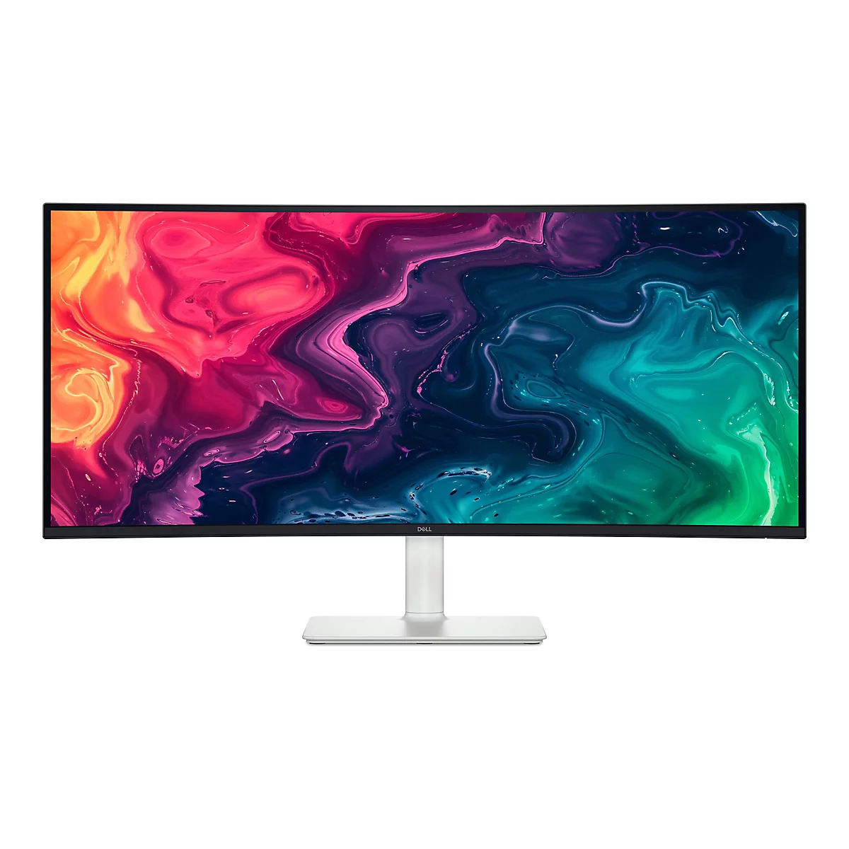 Ein breiter, schwarzer Monitor mit einem abstrakten, farbenfrohen Hintergrund. Der Monitor ist auf einem weißen Ständer befestigt und zeigt das Dell-Logo.