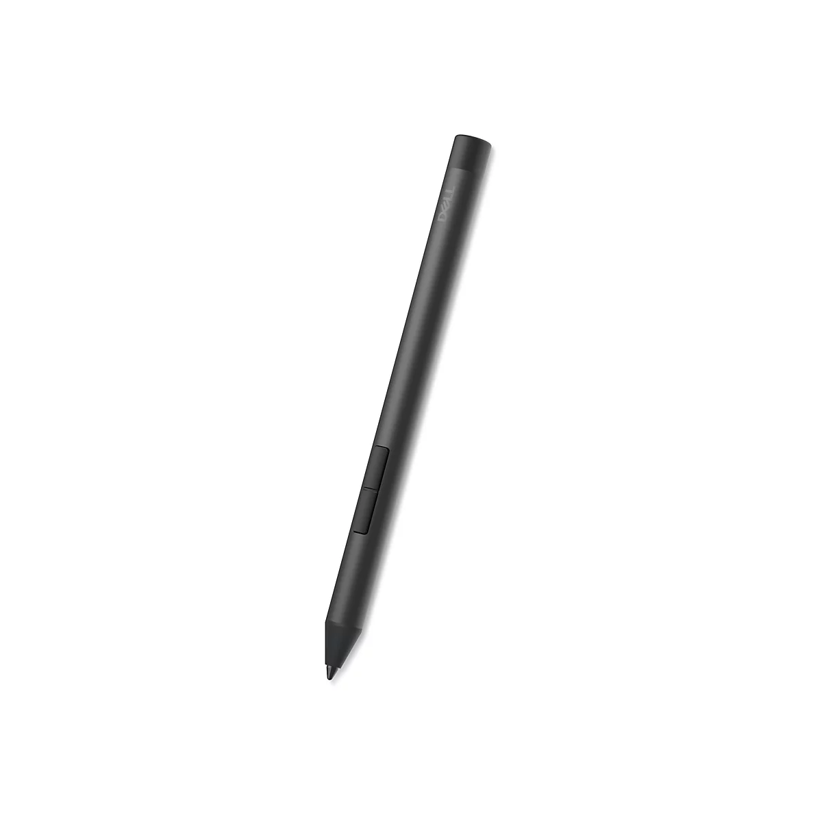 Un stylet Dell noir est posé en diagonale sur un fond blanc. Sur le stylet, il y a deux boutons qui correspondent à la couleur du stylet.