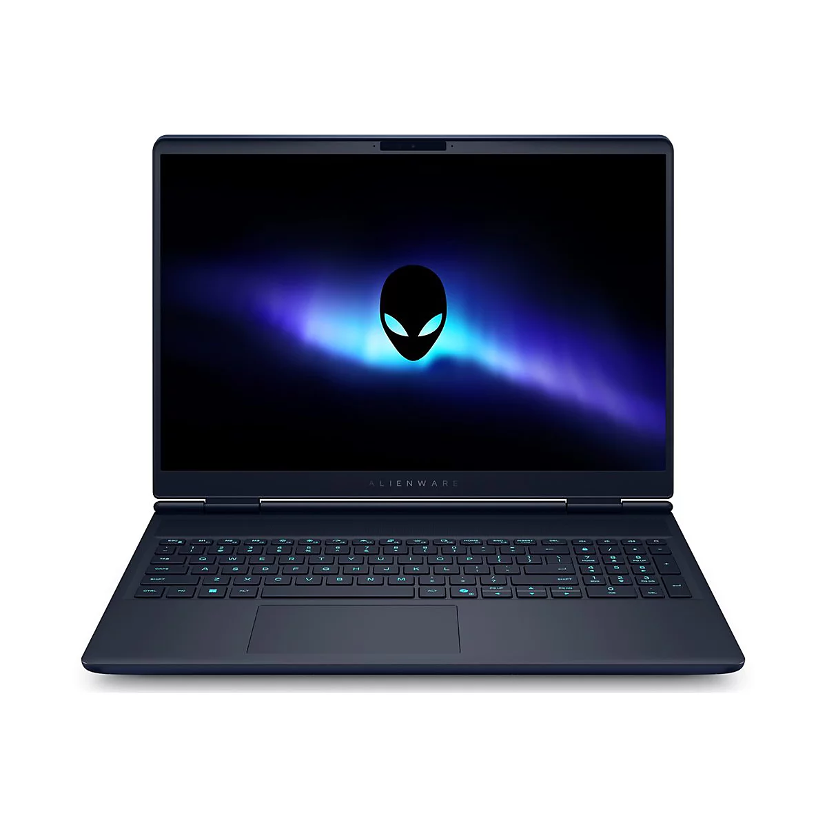 Dunkles Alienware Gaming-Notebook mit beleuchtetem Alien-Logo auf dem Bildschirm vor neutralem Hintergrund.