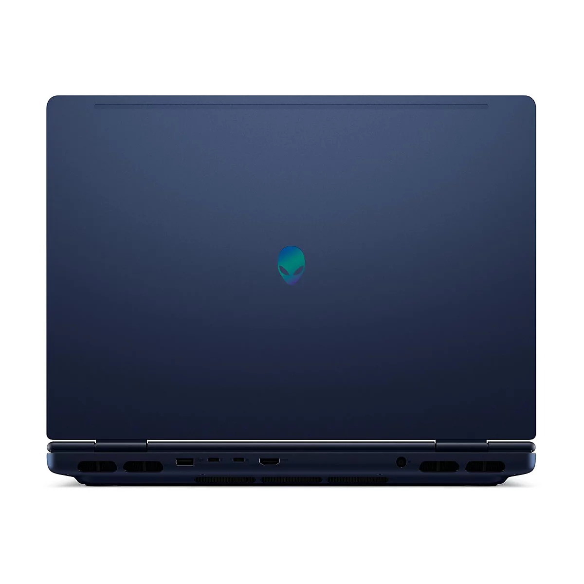 Dunkelblauer Laptop, Rückseite. Mittig Alien-Logo, grün-blau. Unten Ports, Lüftungsschlitze.