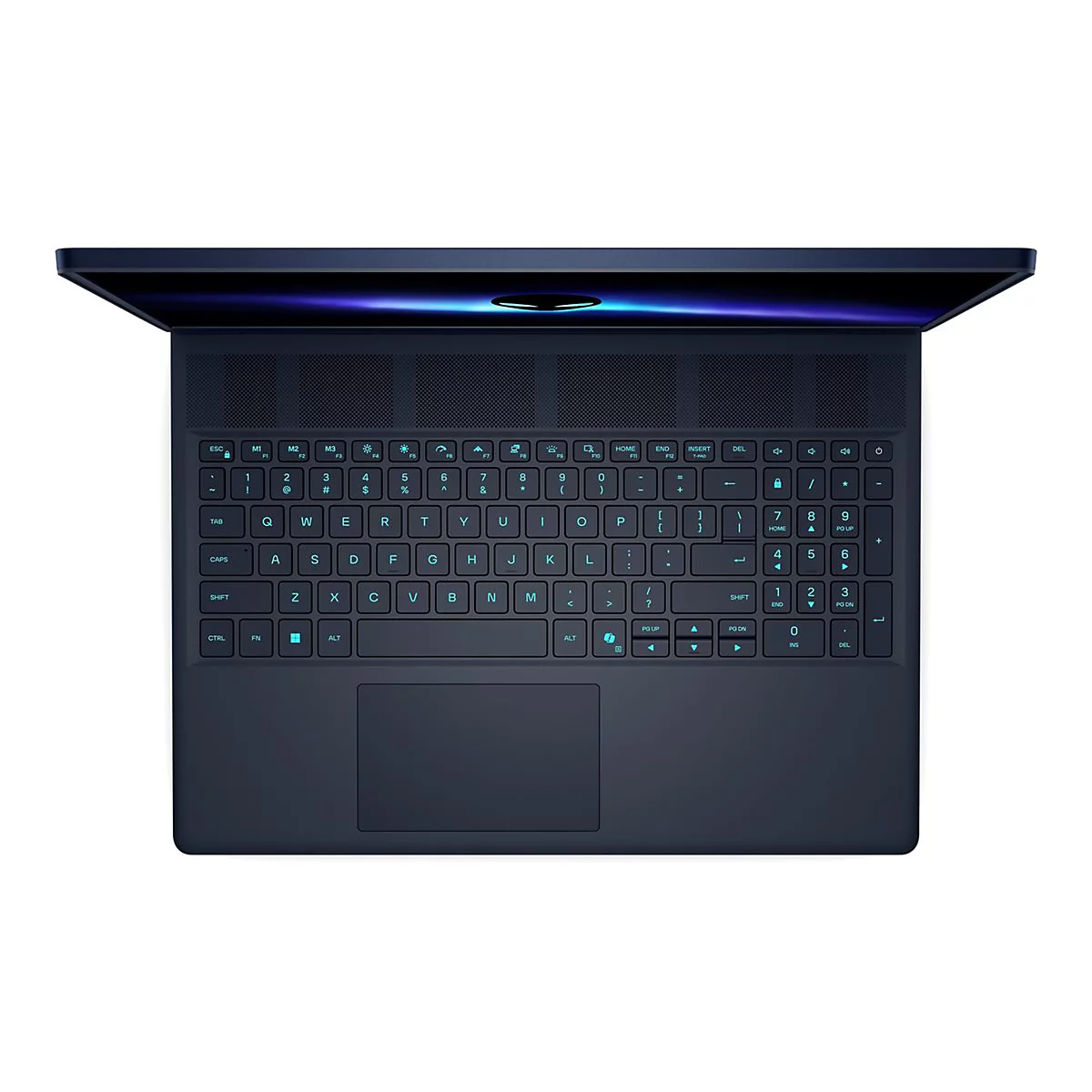 Dunkelblauer Laptop, Draufsicht. Geöffnete Tastatur, grüne beleuchtete Tasten. Schwarzer Rahmen.