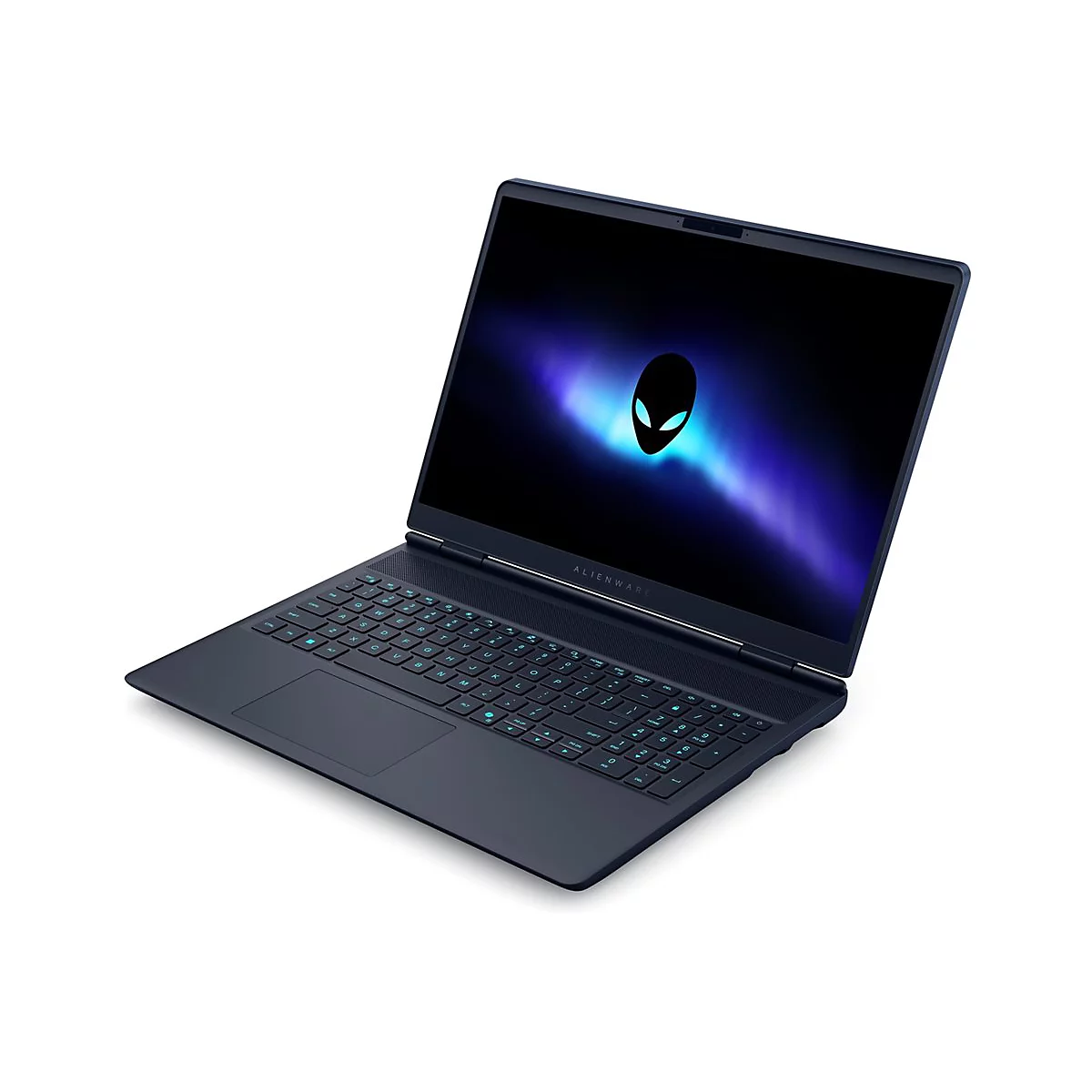 Dunkelblauer Alienware-Laptop mit Alien-Logo auf dem Bildschirm. Die Tastatur ist beleuchtet.