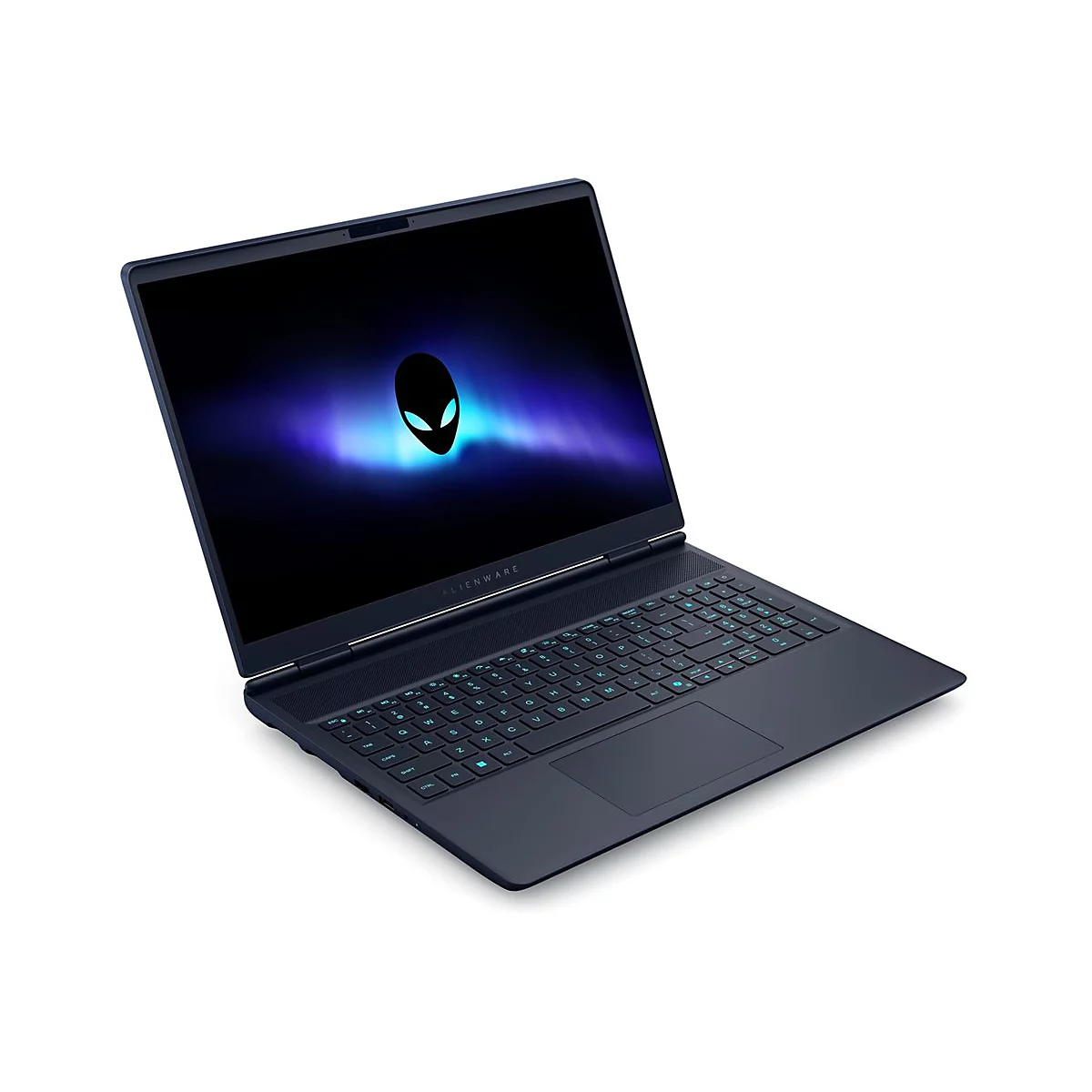 Dunkelblaues Alienware Gaming-Notebook mit leuchtendem Alien-Kopf-Logo auf dem Bildschirm vor weißem Hintergrund.
