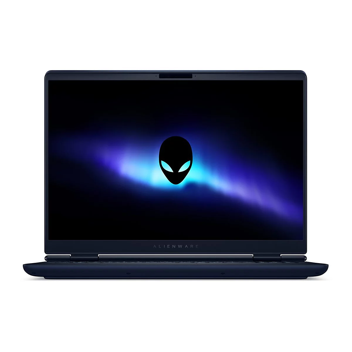 Dunkelblauer Laptop mit Alienware-Logo auf dem Bildschirm vor weißem Hintergrund. Der Bildschirm zeigt ein blaues Hintergrundbild.
