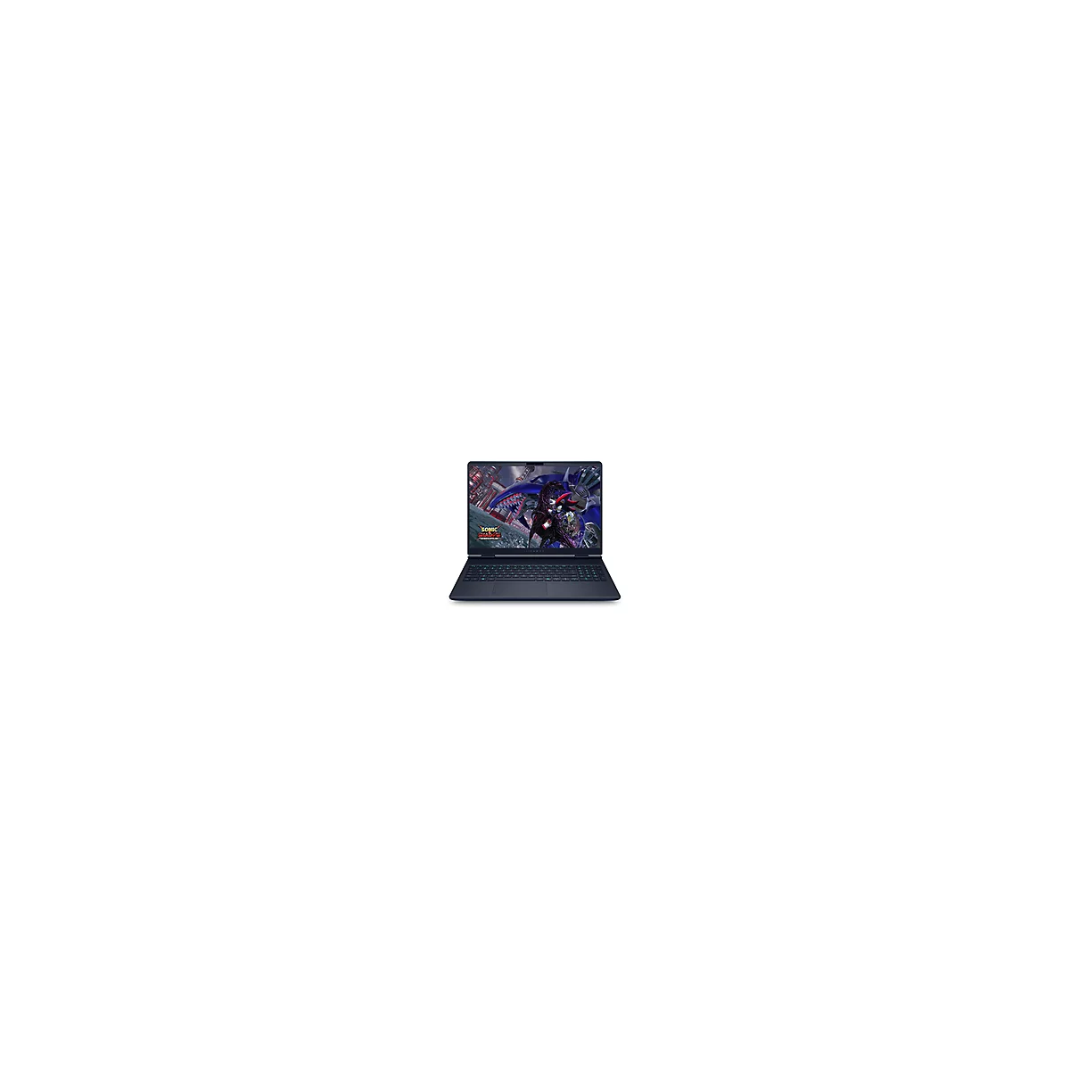 Dunkelblauer Laptop mit einem Spiel auf dem Bildschirm, Szene mit Sonic, Shadow und einem blauen Drachen.