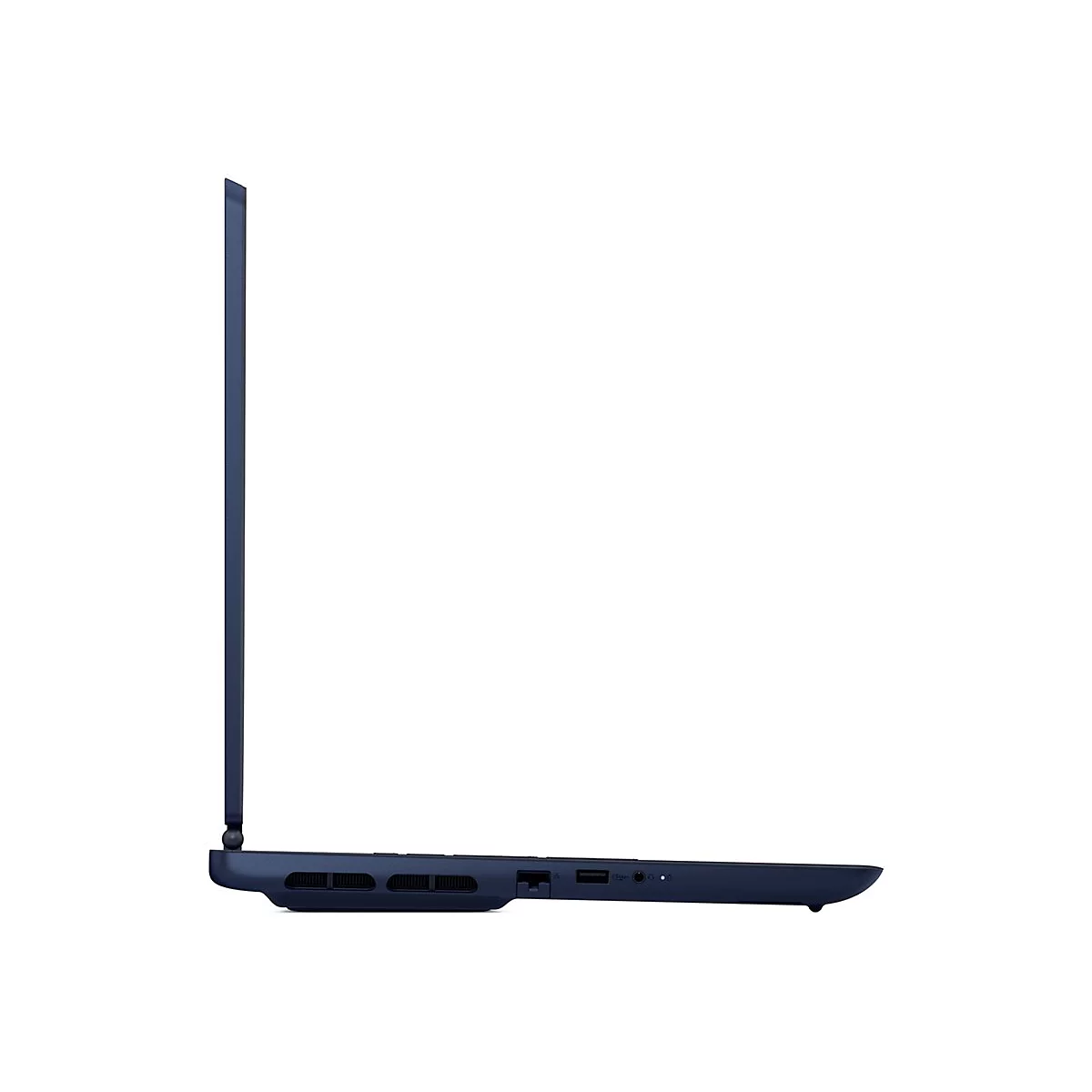 Dunkelblauer Laptop, Seitenansicht. Scharnier im geöffneten Zustand. Anschlüsse an der Seite.