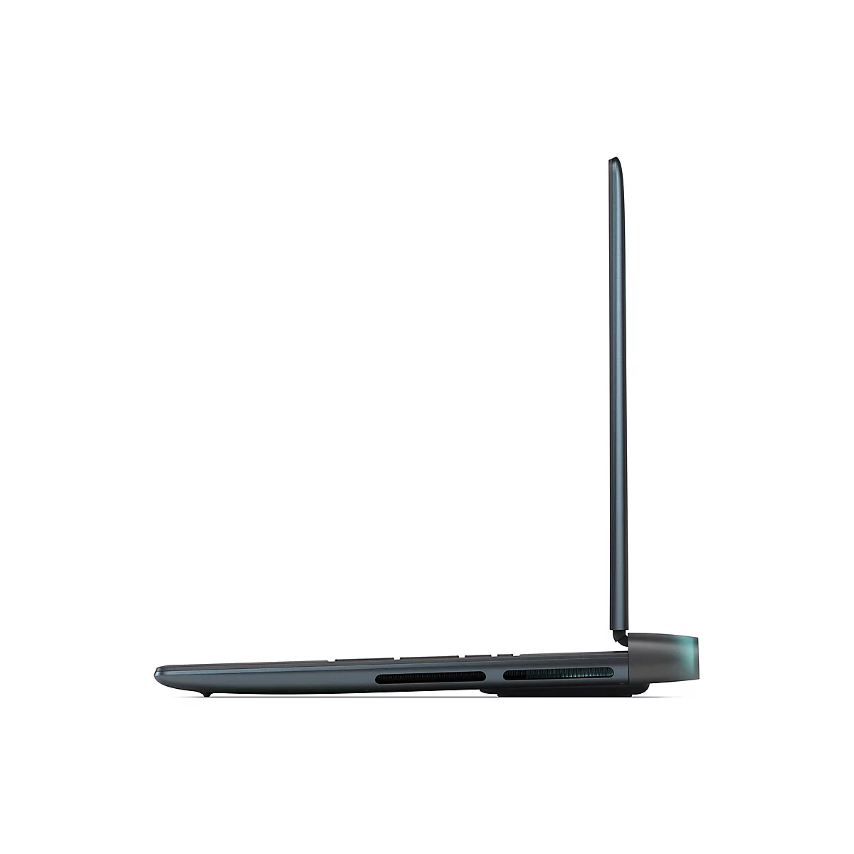 Seitenansicht eines flachen, dunklen Laptops vor weißem Hintergrund mit leuchtendem Scharnier.