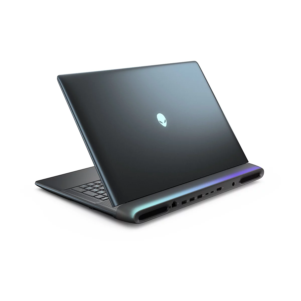 Alienware Gaming-Laptop in Schwarz, Ansicht von hinten mit beleuchtetem Alien-Logo und Anschlüssen.