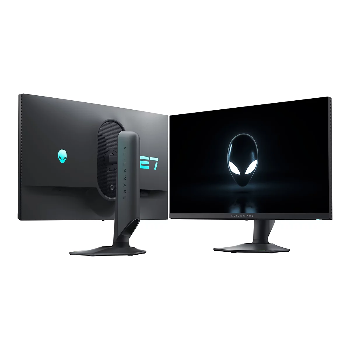 Deux moniteurs Alienware, un de dos et un de face. L'écran affiche un visage extraterrestre. Les deux sont sur fond blanc.