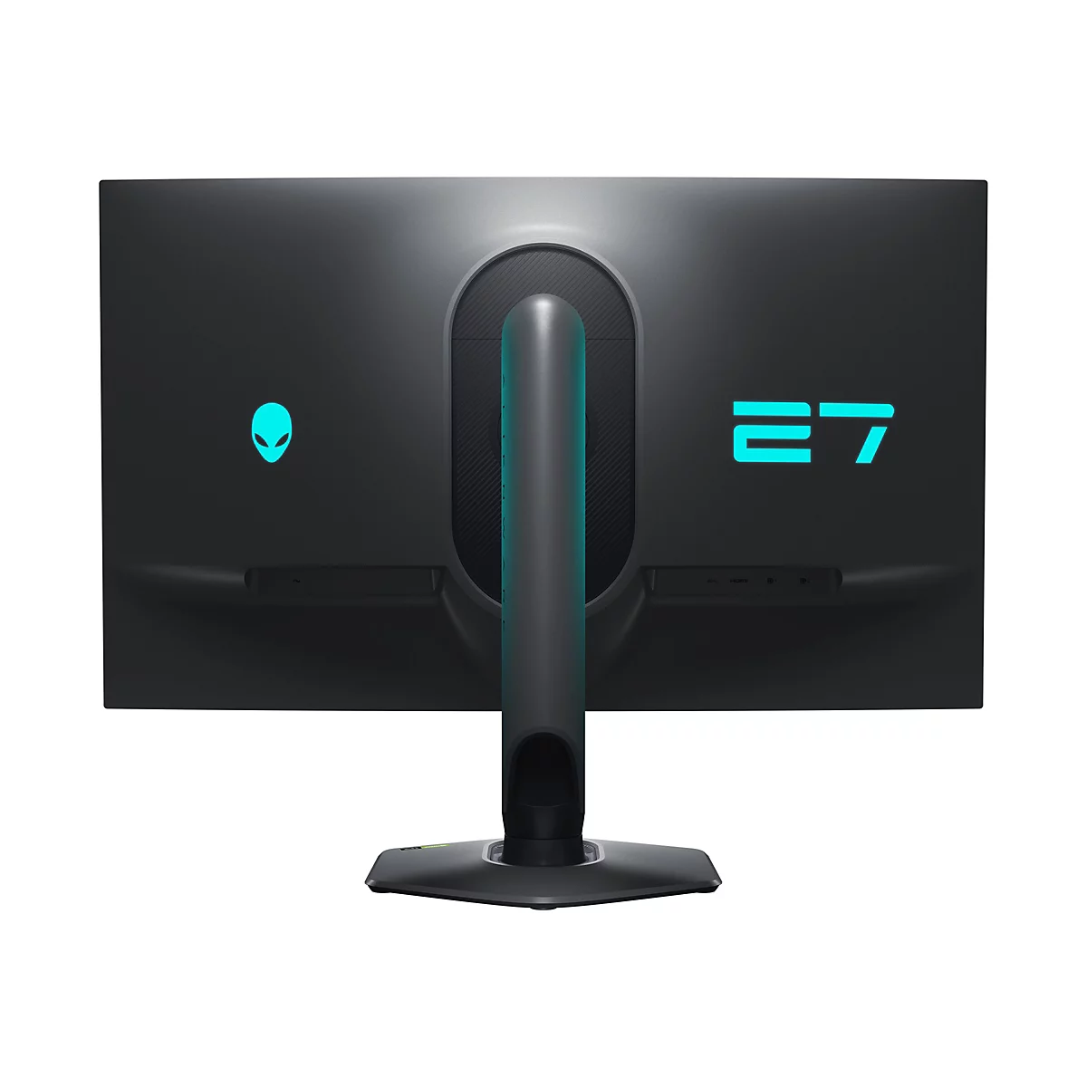 Arrière d'un écran de jeu Alienware 27 pouces noir. Le logo Alien et le chiffre '27' brillent en turquoise. Le support est également visible.