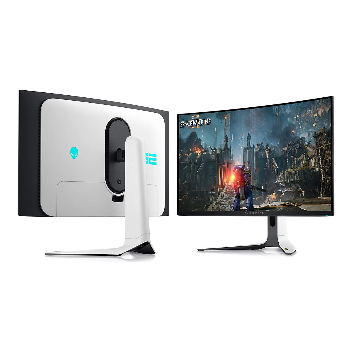 Ein Gaming-Monitor mit dem Alienware-Logo zeigt ein Spiel. Die Rückseite ist weiß mit dem Logo, die Front mit Spielszene.