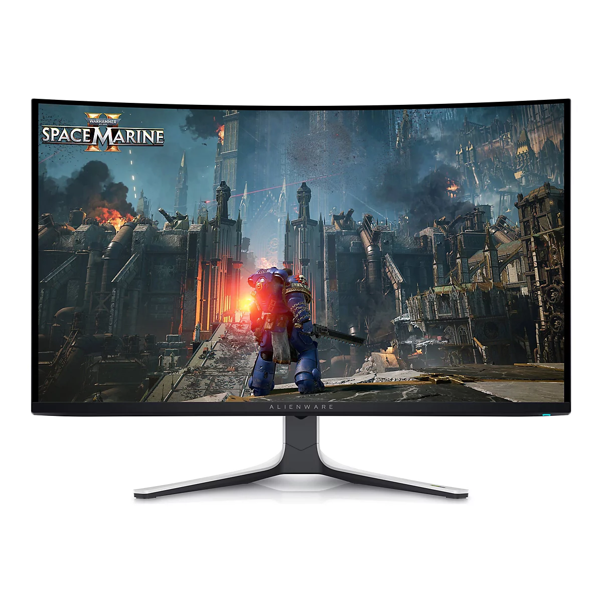 Ein Gaming-Monitor zeigt ein Szenenbild des Spiels Warhammer 40.000: Space Marine II, ein Space Marine steht inmitten einer zerstörten Stadt.