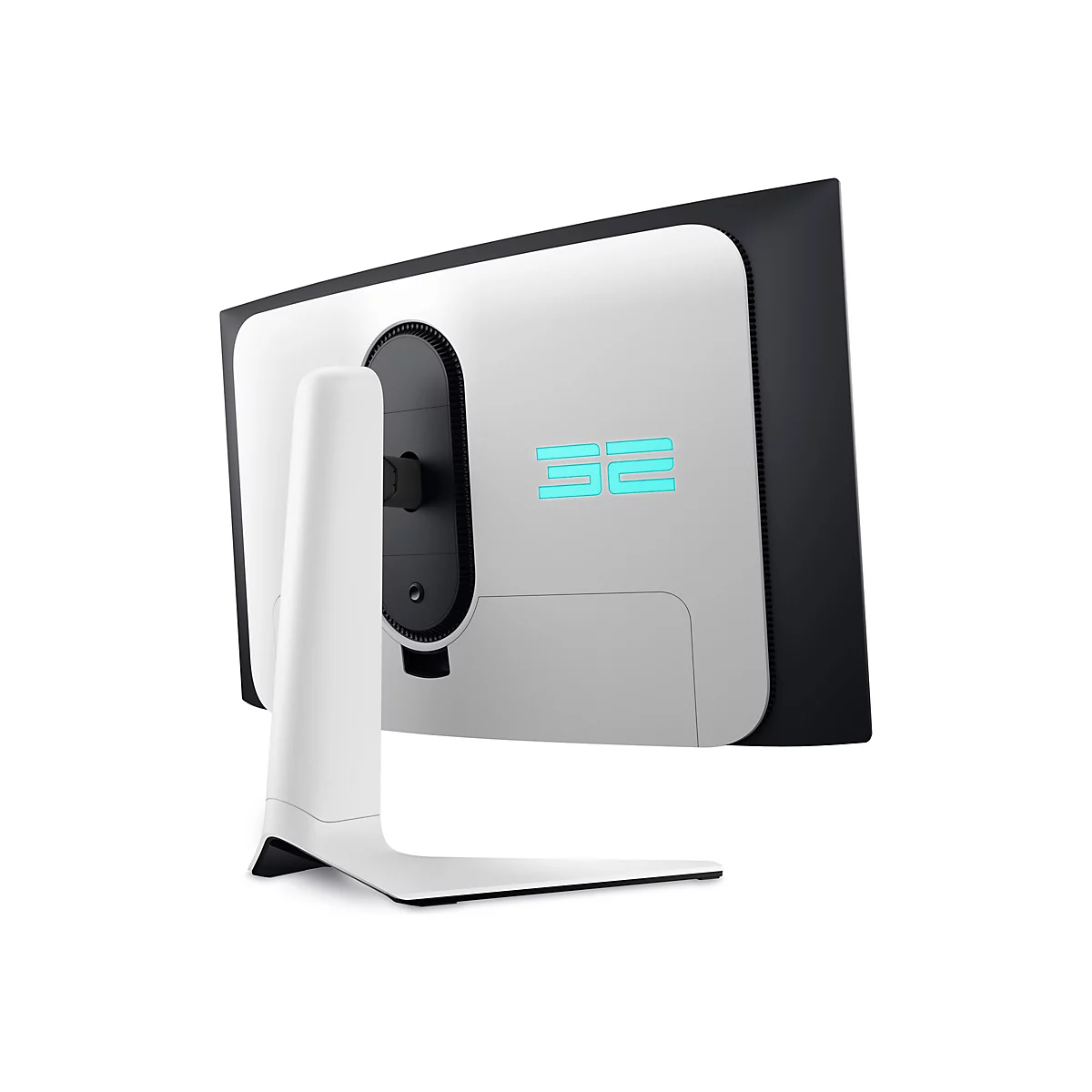 Ein weiß-schwarzer Computermonitor, Rückseite, auf weißem Hintergrund. Auf der Rückseite ist ein leuchtendes Logo abgebildet.