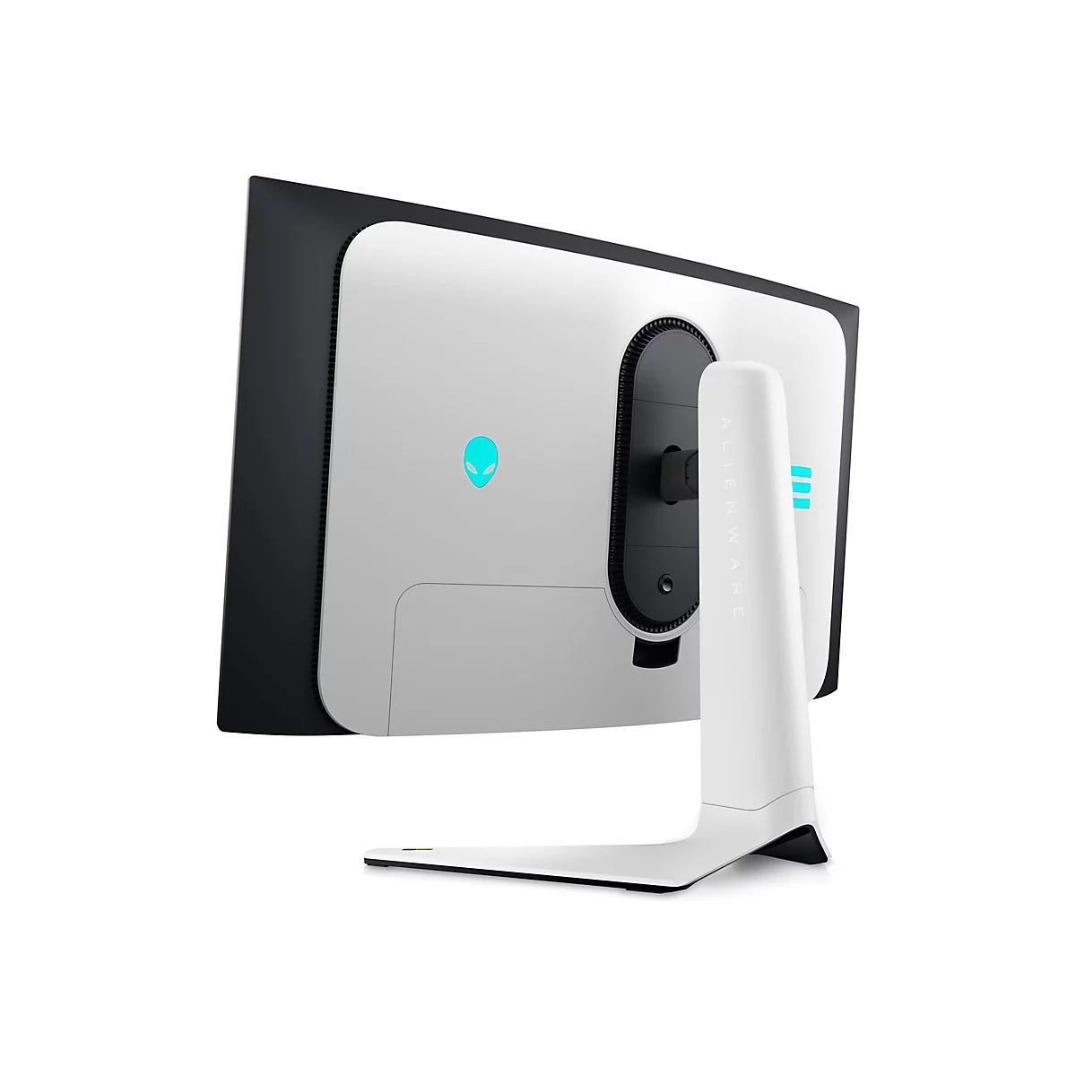 Ein weiß-schwarzer Alienware-Monitor mit blauem Logo und Details, von hinten gesehen, auf weißem Hintergrund.
