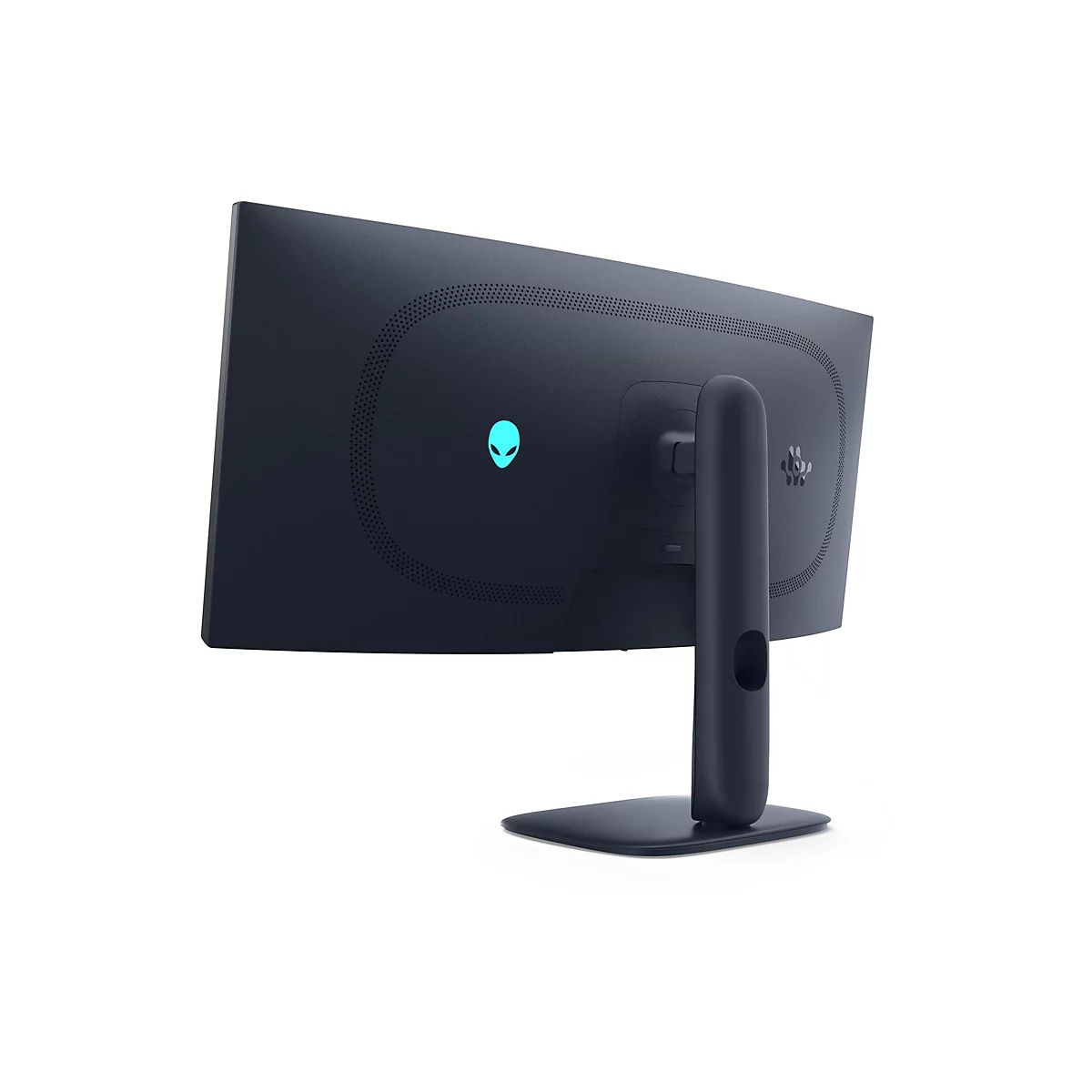 Vue arrière d'un moniteur Alienware sombre avec support. Le logo Alienware est turquoise.