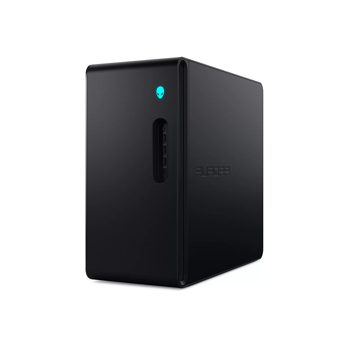 Schwarzer Alienware Aurora Gaming-PC vor weißem Hintergrund. Oben leuchtet ein Alien-Logo blau. Ports sind an der Seite sichtbar.