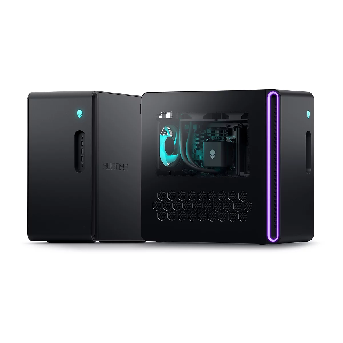 Drei schwarze PC-Gehäuse auf weißem Grund. Das mittlere Gehäuse ist geöffnet, mit blauer Beleuchtung, die Teile und einen Ventilator beleuchtet. Das Gehäuse rechts hat eine violette LED-Leuchte.