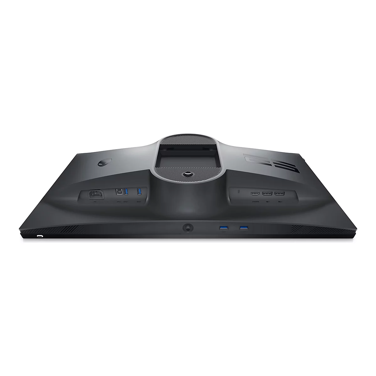 Arrière d'un écran de jeu noir avec des ports pour l'alimentation, l'USB et le HDMI, sur fond blanc.