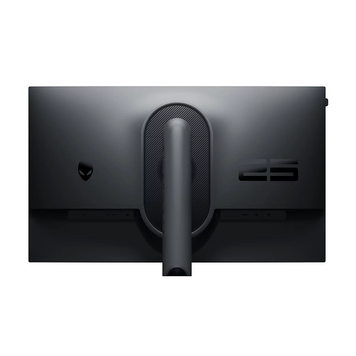 Rückseite eines schwarzen Gaming-Monitors mit Alienware-Logo. Die Standfußhalterung ist mittig platziert.