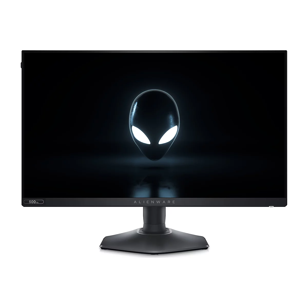 Ein Alienware-Monitor mit Alien-Gesicht auf schwarzem Hintergrund. Der Monitor steht auf einem schwarzen Fuß. Am unteren Rand steht „Alienware“.