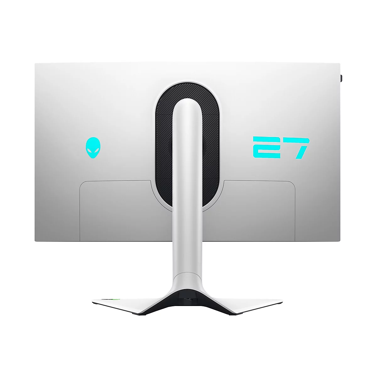 Arrière d'un écran de jeu Alienware blanc avec le "27" turquoise et un logo de visage extraterrestre.