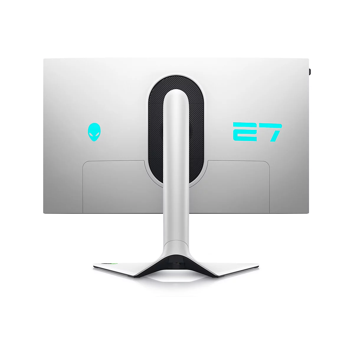 Rückansicht eines weißen Alienware-Monitors mit der Zahl 27 in Türkis. Ein Alien-Logo ist ebenfalls sichtbar.