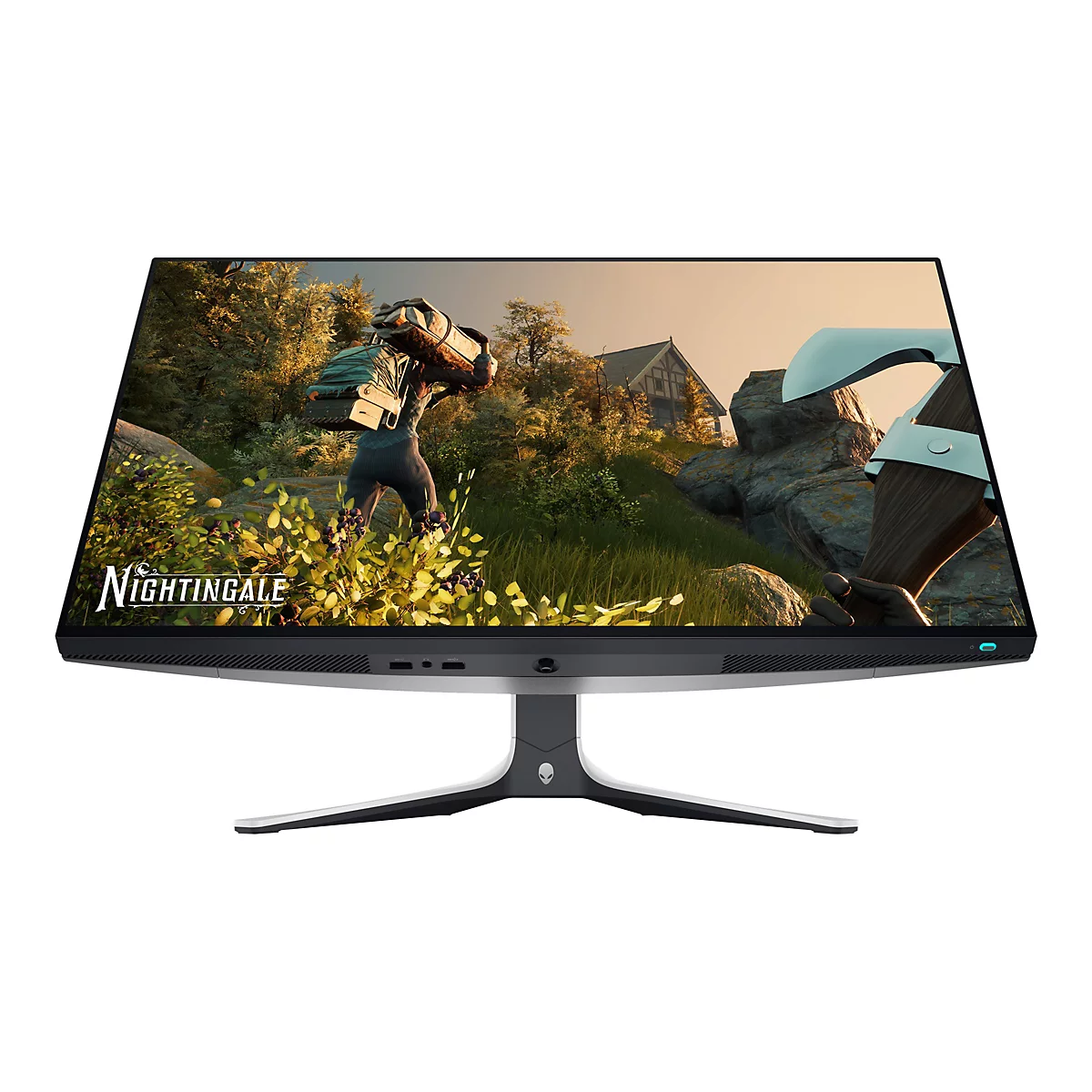 Ein Gaming-Monitor mit dem Spiel "Nightingale" auf dem Bildschirm. Der Monitor ist schwarz und silber mit einem stilvollen Standfuß.