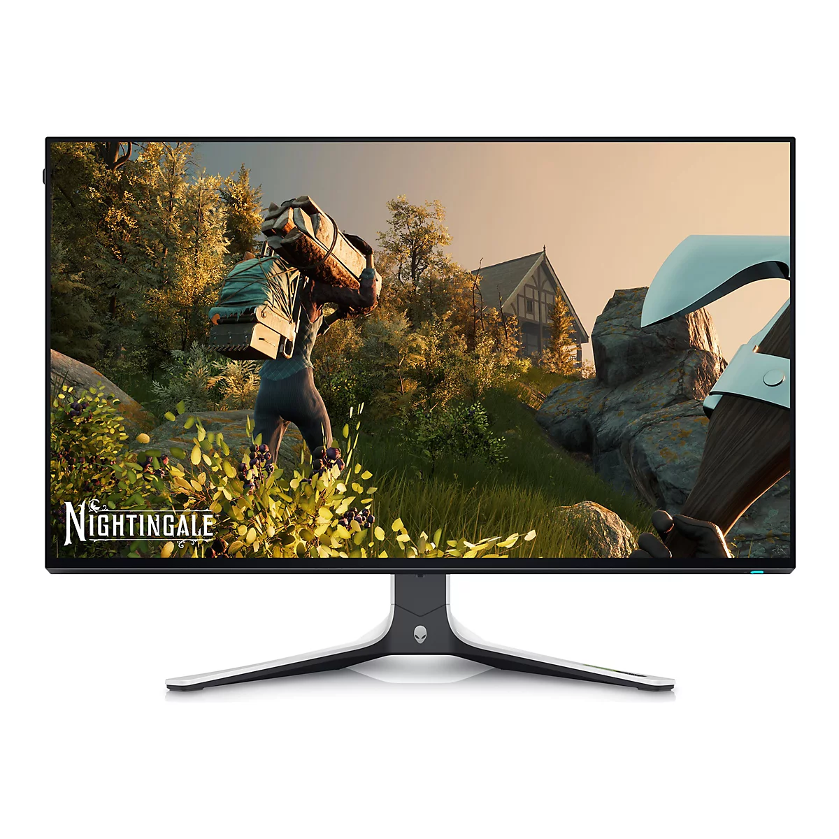 Ein Gaming Monitor zeigt ein Spiel. Im Spiel ist eine Figur mit einer Axt zu sehen, vor einer Waldlandschaft. Auf dem Monitor steht der Name Nightingale.