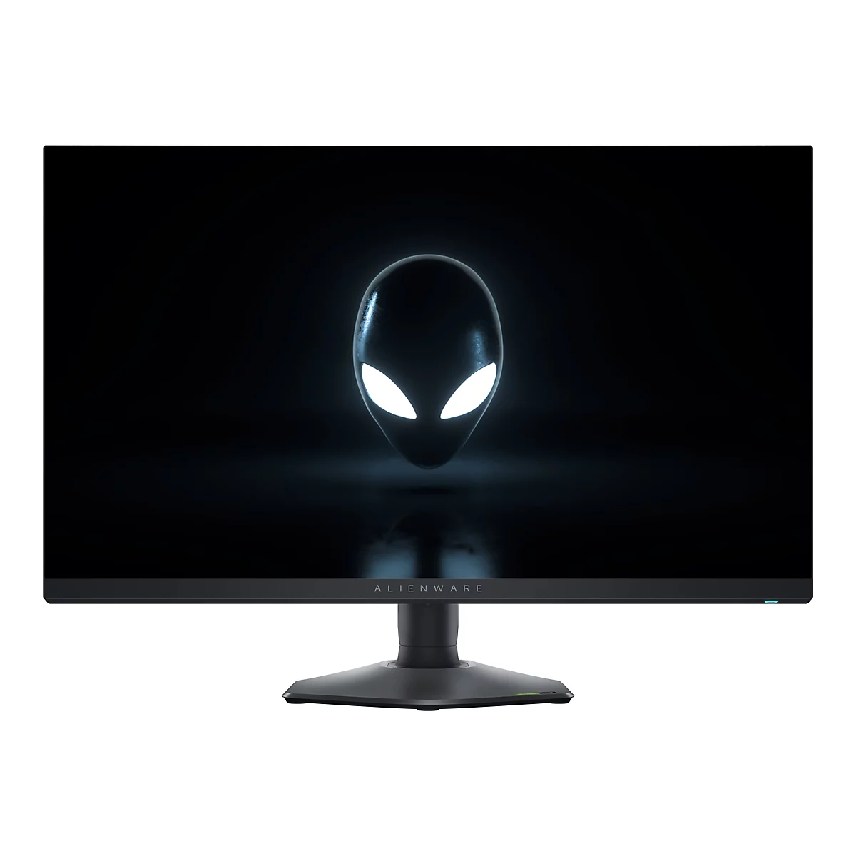 Der Alienware-Monitor zeigt ein Alien-Gesicht auf schwarzem Hintergrund. Darunter steht in Großbuchstaben "ALIENWARE".