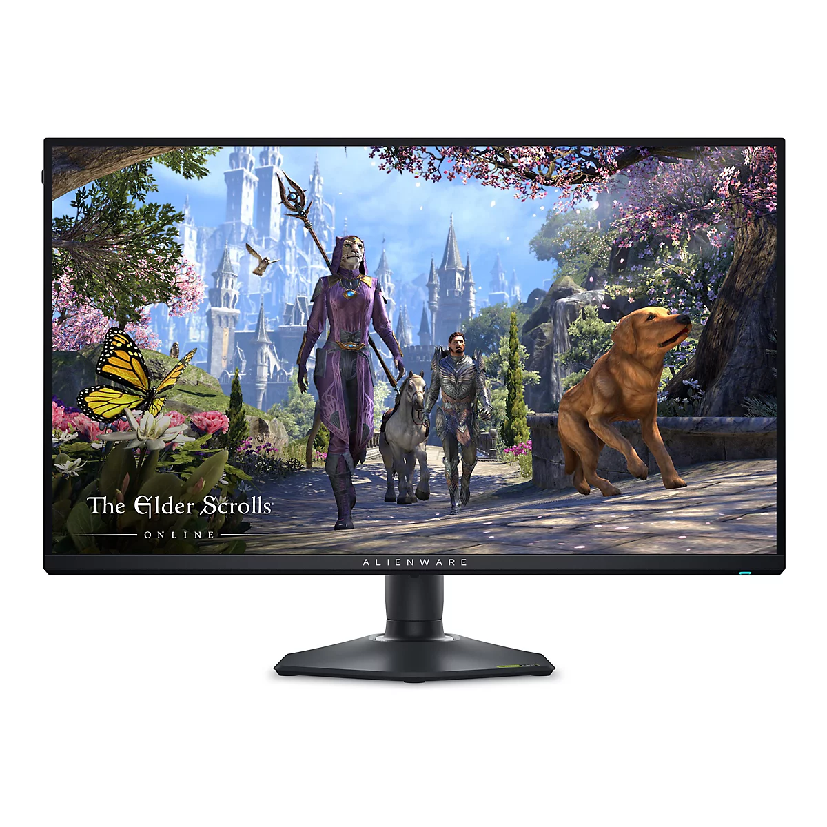 Ein Alienware Monitor zeigt einen Screen von The Elder Scrolls Online mit Figuren, Hund und Schmetterling in einer Landschaft.