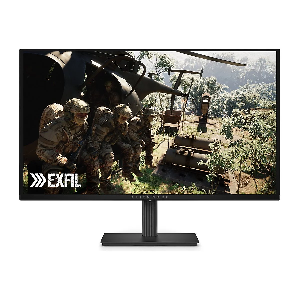 Monitor mit Spielszene: Soldaten, Helikopter und Naturlandschaft. Der Bildschirm zeigt das Spiel EXFIL, mit dem Alienware-Logo.