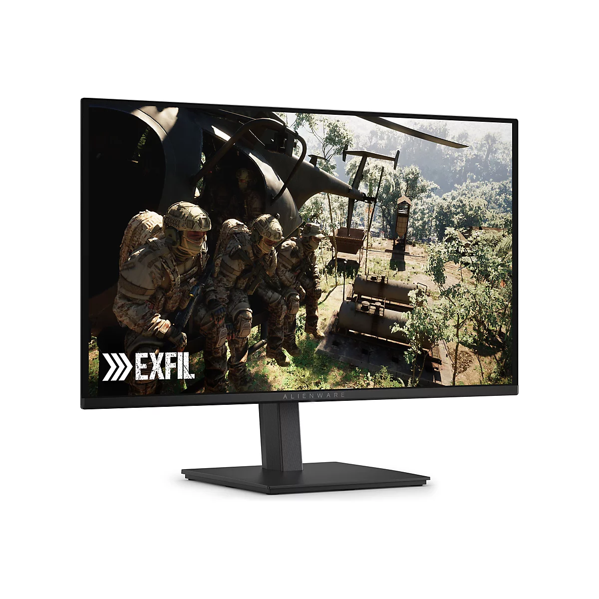 Ein Alienware Monitor, auf dem ein Spiel mit Soldaten vor einem Hubschrauber gezeigt wird. Auf dem Monitor steht EXFIL.