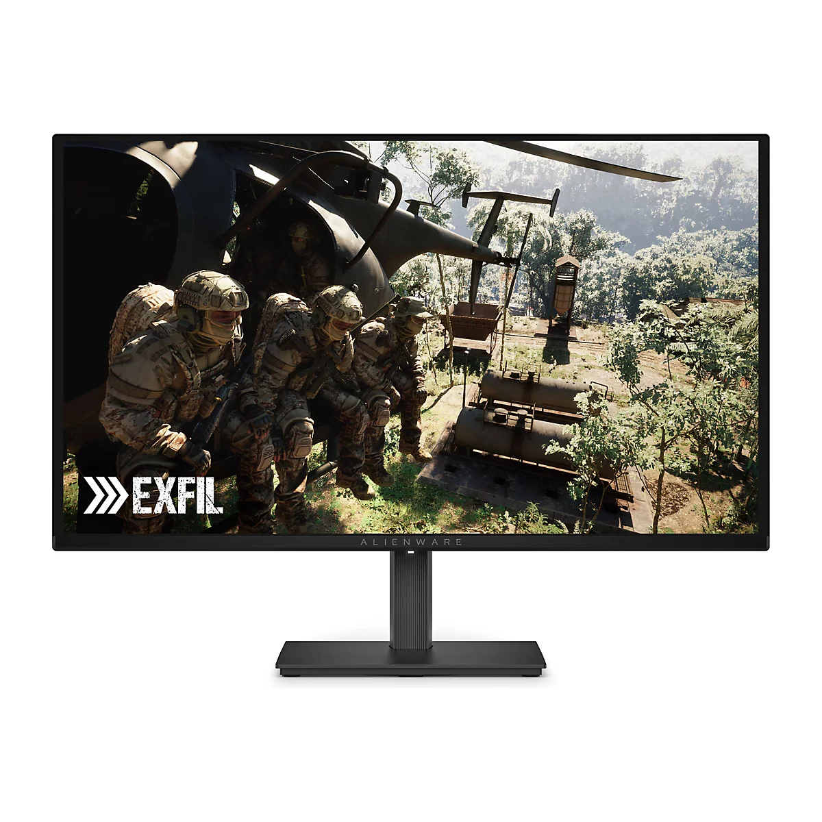 Ein Monitor zeigt ein Videospiel: Soldaten steigen in einen Hubschrauber, im Vordergrund EXFIL.