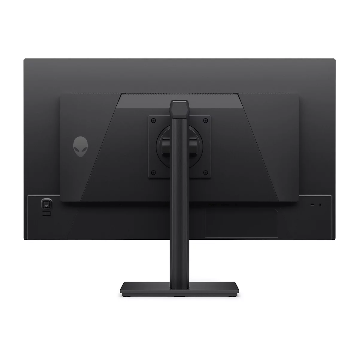 Die Rückseite eines schwarzen Alienware-Monitors, der auf einem weißen Hintergrund steht. Das Alienware-Logo ist links oben auf der Rückseite zu sehen. Die Anschlüsse sind am unteren Rand zu sehen.