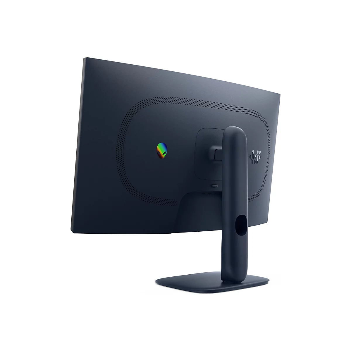 Dunkelblauer Monitor von hinten. Das Alienware-Logo ist links, unten sind Anschlüsse.