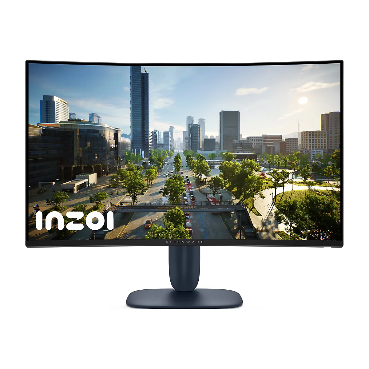 Ein gebogener Alienware-Monitor mit dem INZOI-Logo zeigt eine Stadtansicht. Dunkelblauer Standfuß.