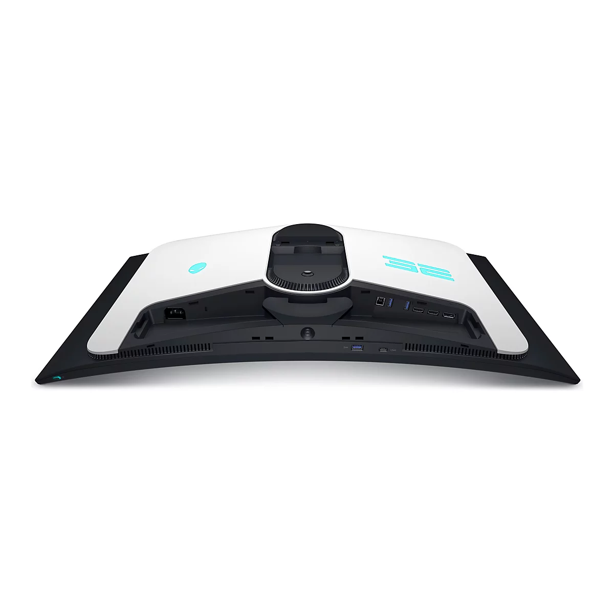 Rückansicht eines weißen und schwarzen Alienware Monitors mit blauer Beleuchtung und Aufdruck. Anschlüsse sind sichtbar.