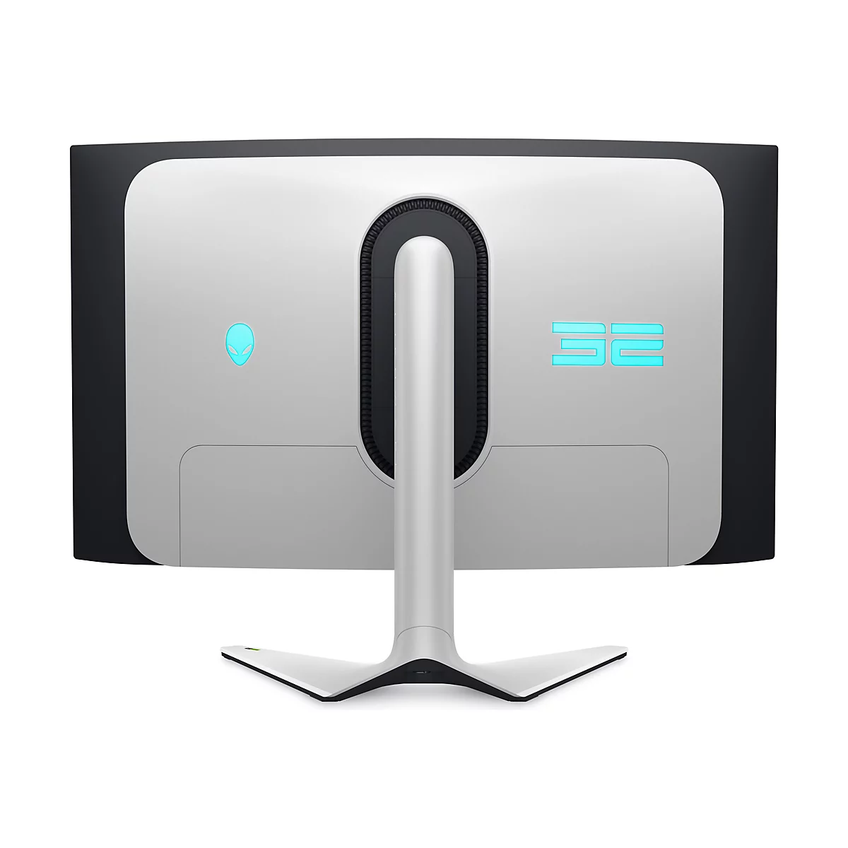 Rückseite eines schwarzen und silberfarbenen Alienware-Monitors mit der aufleuchtenden Zahl 32. Der Monitor wird von einem silberfarbenen Ständer getragen.