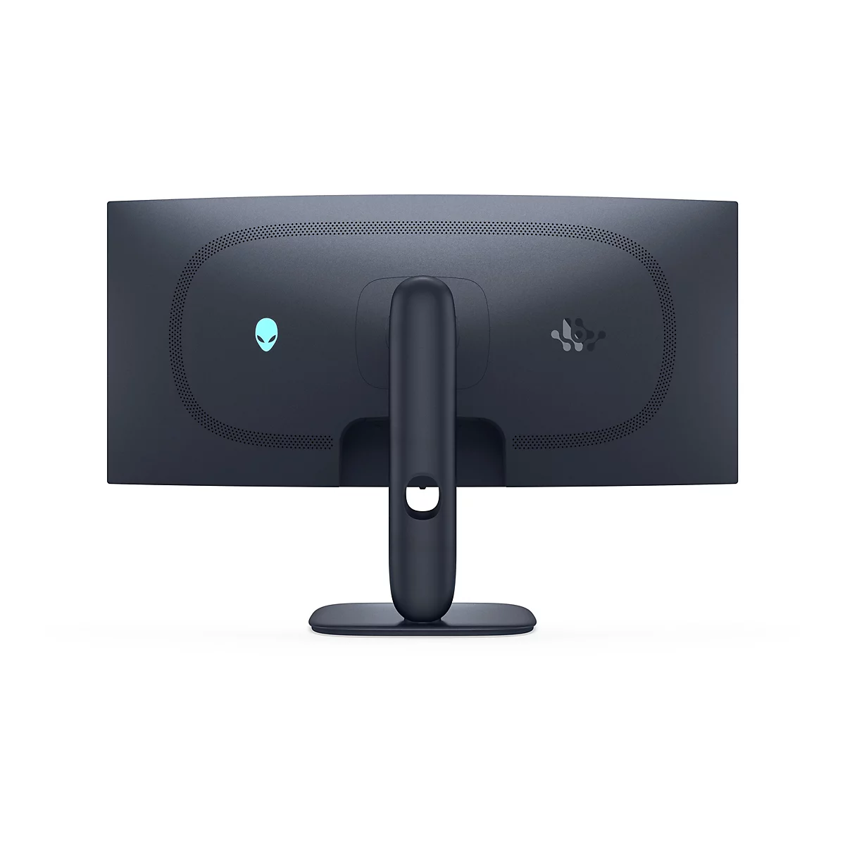 Rückansicht eines dunklen Monitors mit Alienware-Logo.
