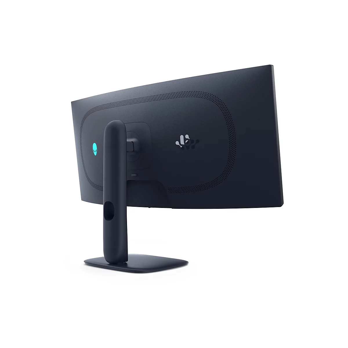 Rückseite eines schwarzen Alienware Gaming-Monitors mit geschwungenem Bildschirm vor weißem Hintergrund.