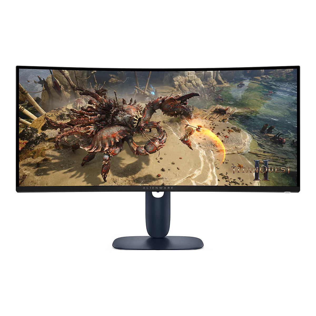 Ein Alienware-Monitor zeigt ein Spiel mit einem Kämpfer, der einen riesigen Krabbenkreatur gegenübersteht. TITAN QUEST II-Logo.