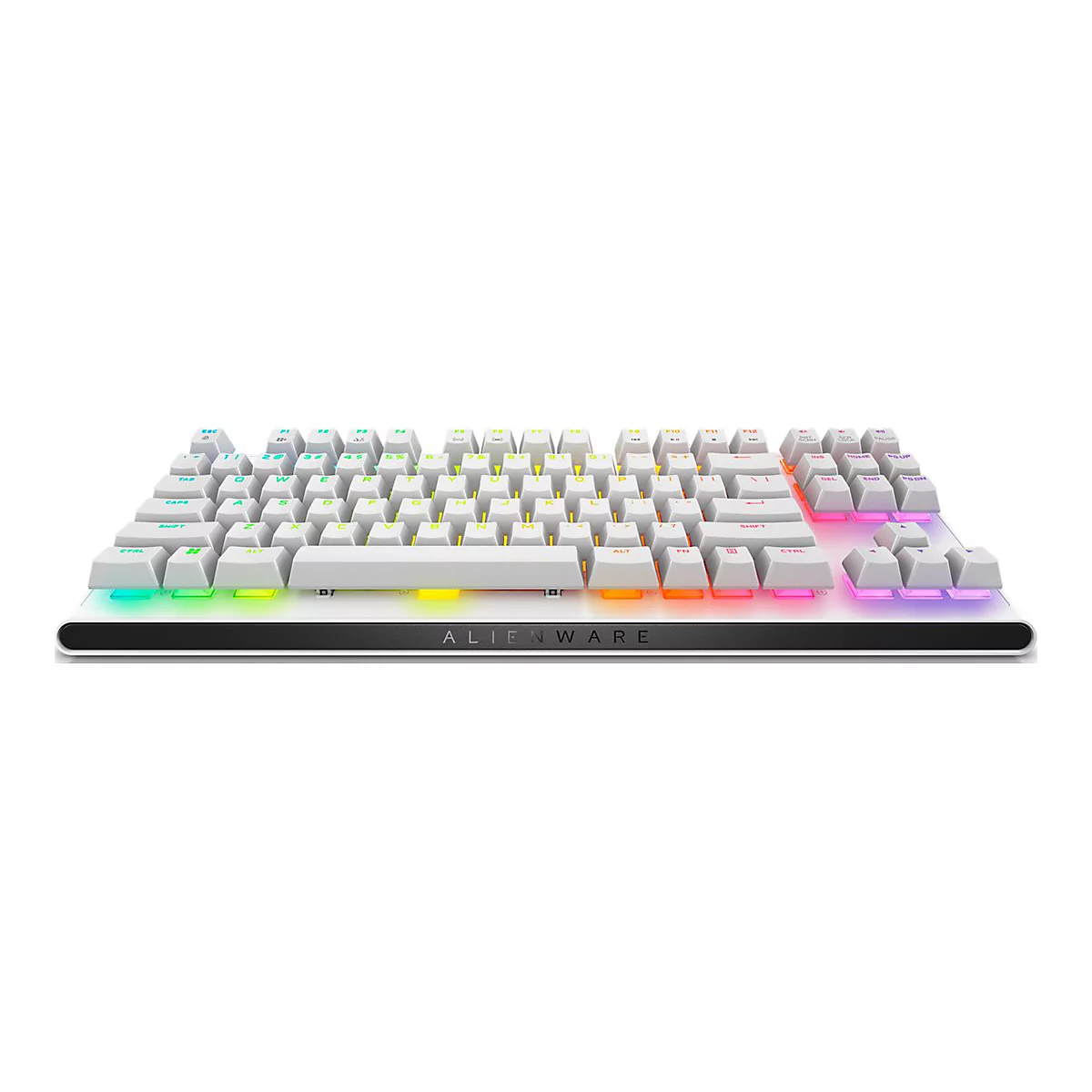 Weiße Alienware-Gaming-Tastatur mit RGB-Beleuchtung vor weißem Hintergrund.