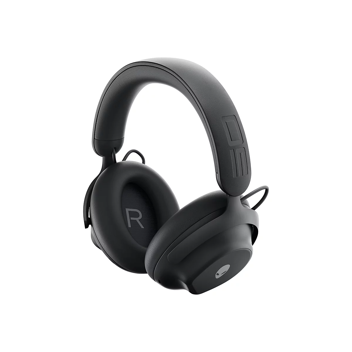 Casque noir, gros plan sur fond blanc. Les oreillettes affichent un grand "R".