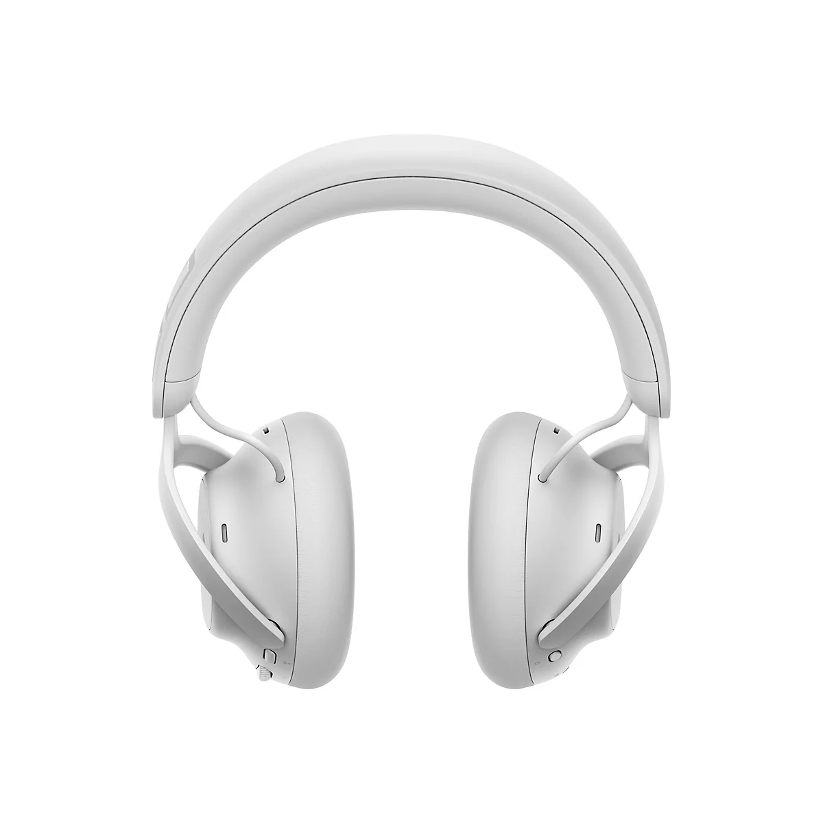 Hellweiße Kopfhörer, frontal abgebildet, freigestellt auf weißem Hintergrund. Der Kopfbügel ist gewölbt, die Ohrmuscheln oval.