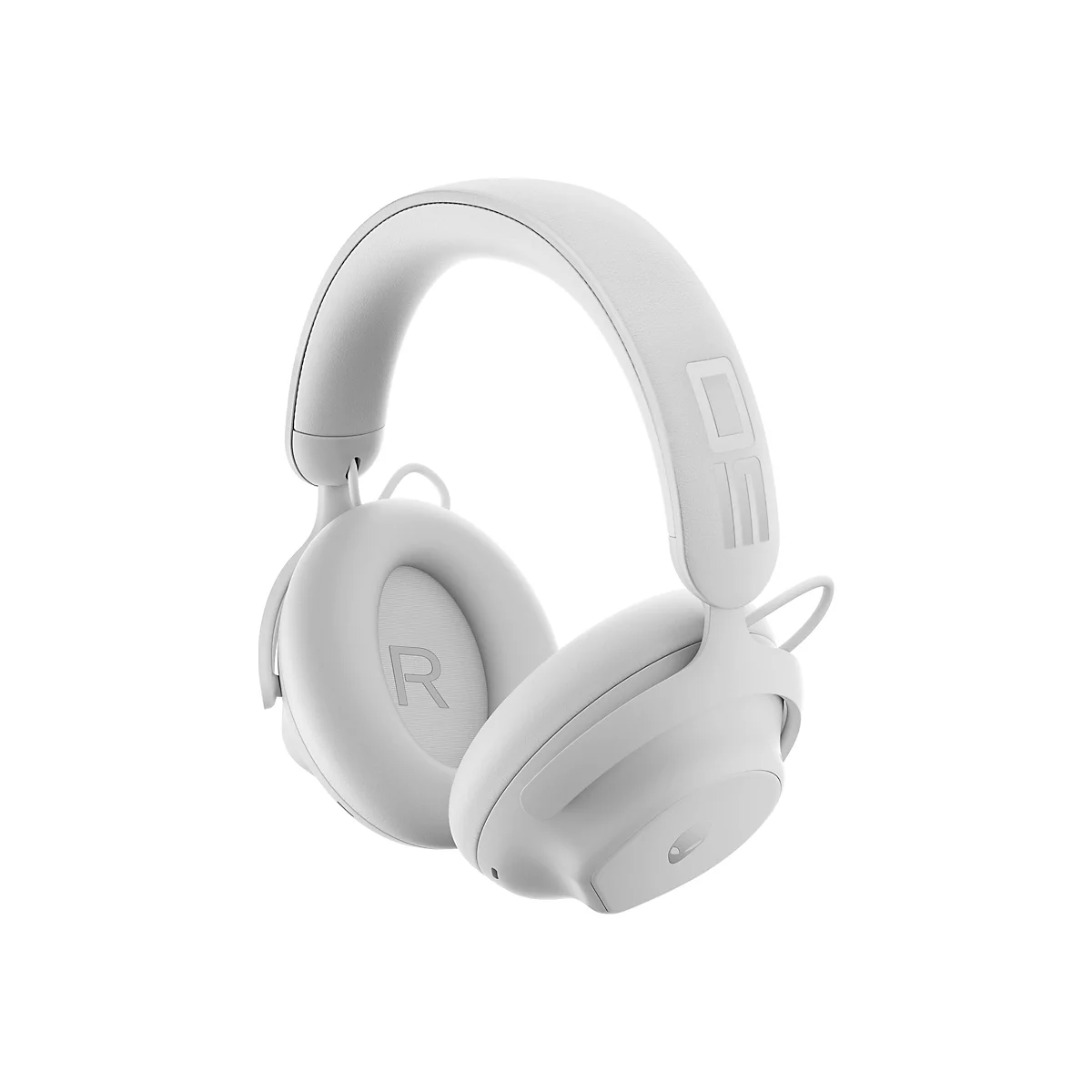 Hellgrauer Kopfhörer vor weißem Hintergrund. Auf dem Ohrmuschel ist ein „R“ zu sehen.
