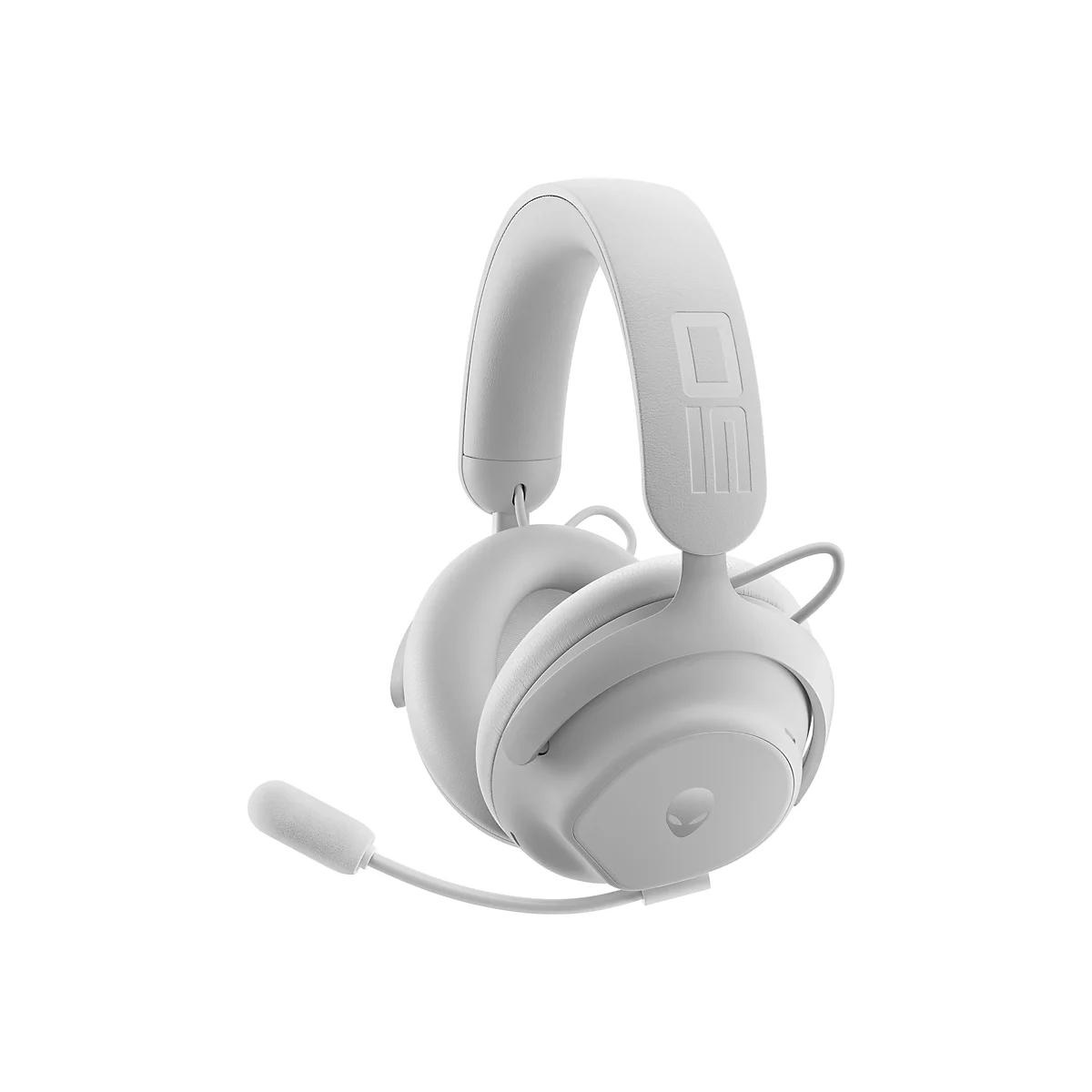 Hellgraues Gaming-Headset auf weißem Hintergrund, seitlich gedreht, mit Mikrofon.