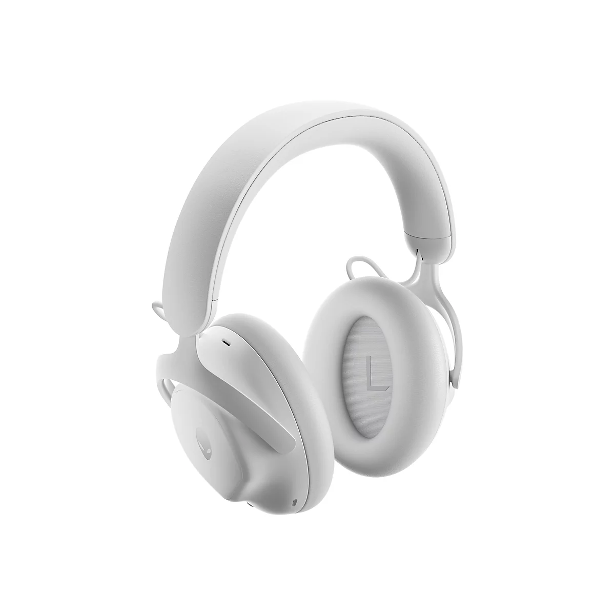Weiße Over-Ear-Kopfhörer vor weißem Hintergrund mit Alienware-Logo an der Seite.
