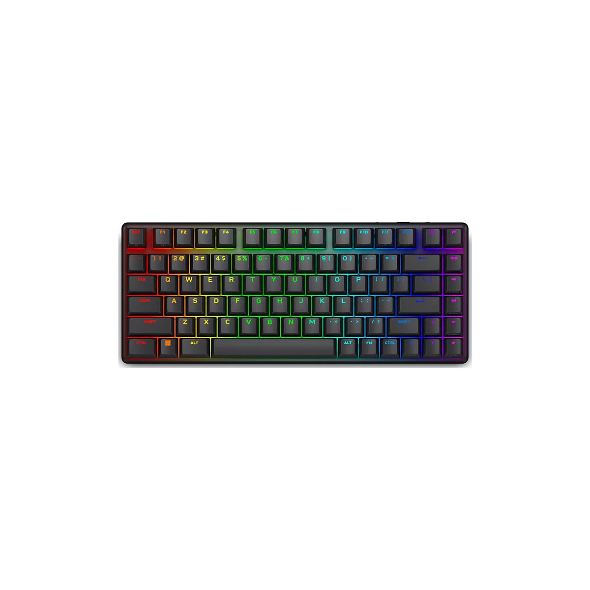 Schwarze Tastatur mit Regenbogen-Hintergrundbeleuchtung, Tasten mit weißen Buchstaben. Funktionstasten oben.