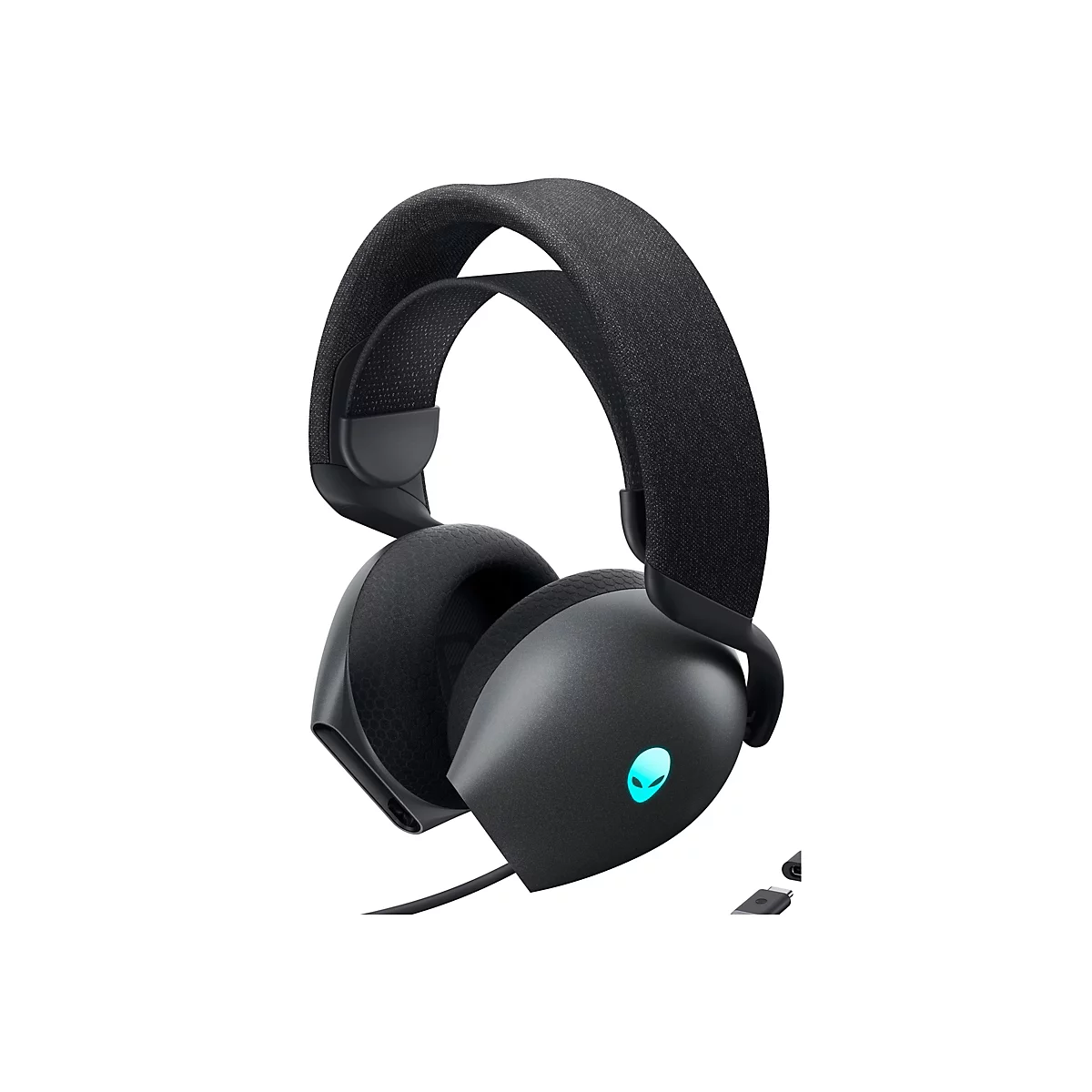 Schwarzes Gaming-Headset mit einem beleuchteten Alien-Logo. Detailansicht des Ohrmuscheldesigns und des Stoffkopfbands.